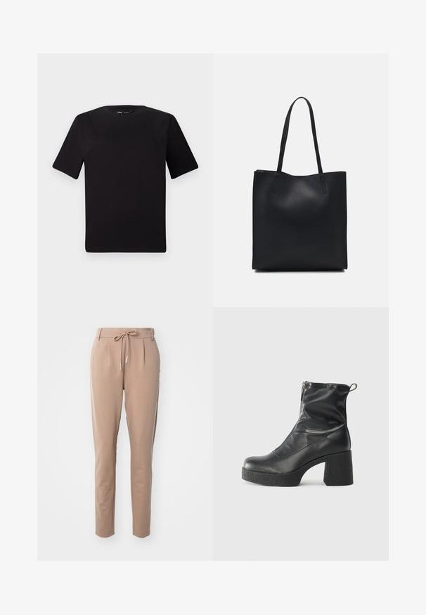 Czarna koszulka z krótkim rękawem o okrągłym dekolcie, wykonana z miękkiej bawełny. Prosty design, bez widocznych logo ani wzorów.; Beżowe spodnie wykonane z miękkiej tkaniny, z elastycznym paskiem do troczków, zakładkami z przodu i zwężającym się krojem nogawki.; Czarne botki za kostkę wykonane z gładkiej skóry, wyposażone w boczny zamek błyskawiczny, masywny teksturowany obcas oraz zaokrąglony czubek.; Czarna skórzana torba tote o gładkiej fakturze, prostokątnym kształcie i dwóch długich uchwytach. Brak widocznych elementów metalowych i ozdób.