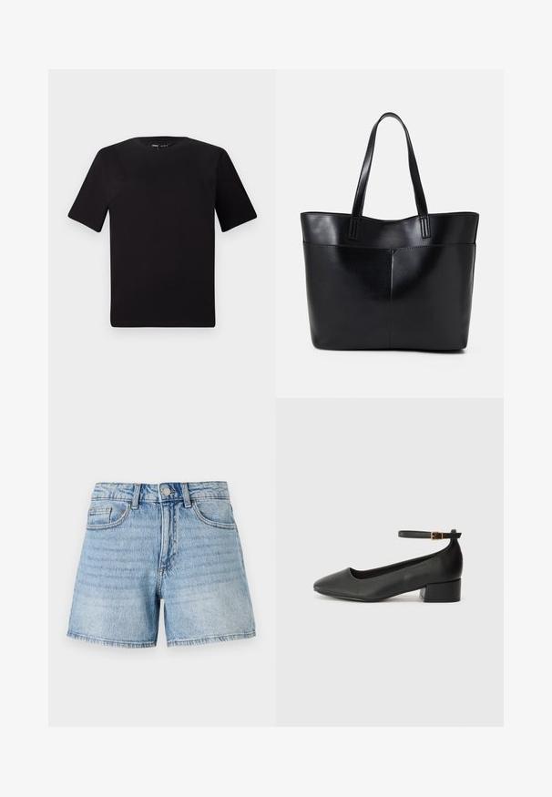 T-shirt preta de mangas curtas com decote redondo, feita de tecido de algodão suave. Design simples, sem logótipos ou padrões visíveis.; Shorts de denim azul claro com cintura alta, design de cinco bolsos e costura em contraste. O tecido tem um aspeto desbotado e desgastado.; Sandal de pele preta com bico pontiagudo e um salto bloco baixo. Apresenta uma tira no tornozelo com uma fivela em tom dourado. Textura suave.; Bolsa tote preta em couro com duas alças longas, textura suave e forma estruturada. Apresenta um bolso frontal para armazenamento adicional.