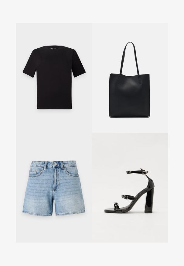 Juodas trumpas rankovės marškinėlis su apvaliu iškirpimu, pagamintas iš minkštos medvilnės medžiagos. Paprastas dizainas, be matomų logotipų ar raštų.; Šviesiai mėlyni džinsiniai šortai su aukštu juosmeniu, penkių kišenių dizainu ir kontrastingomis siūlėmis. Audinys turi apgailėtai dėvėtą, nusidėvėjusią išvaizdą.; Juoda blizgi lakuota basutė su kvadratiniu pirštu, kulkšnies dirželiais ir sidabro sagtimis. Yra tvirta blokinė kulno konstrukcija, užtikrinanti stabilumą.; Juodas odinis tote krepšys su lygia tekstūra, stačiakampio formos ir dviem ilgais rankenomis. Matomų metalinių detalių ar puošybos nėra.