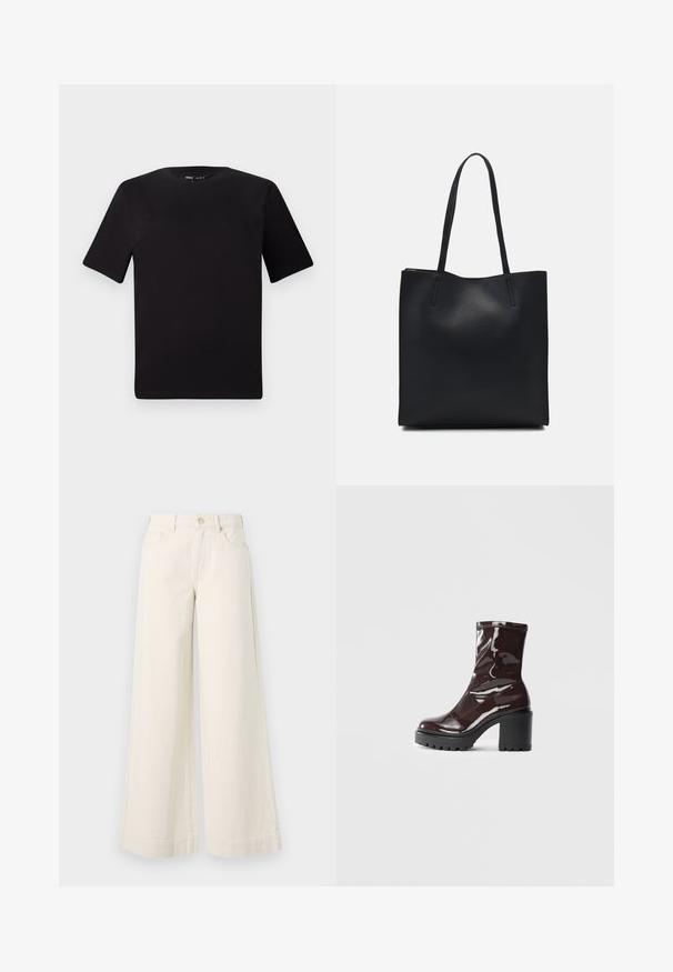 Must olema lühikeste varrukatega must t-särk ümmarguse kaelusega, valmistatud pehmest puuvillast kangast. Lihtne disain, ilma nähtavate logode või mustriteta.; Laia jalgadega, heledast beežist denimpüksid, kõrge vöökoht, kaks eesmist taskut, nööpkluudir ja peent viimistlusdetaili.; Klakav läikiv burgundi värvi pahkluu saabas, millel on paks must konts, sile tekstuur ja lihtne disain. Nähtavad kinnitused või mustrid puuduvad.; Mustast nahast kott sujuva tekstuuriga, ristkülikukujuline ja kahe pika sangaga. Pole nähtavat riistvara ega kaunistusi.