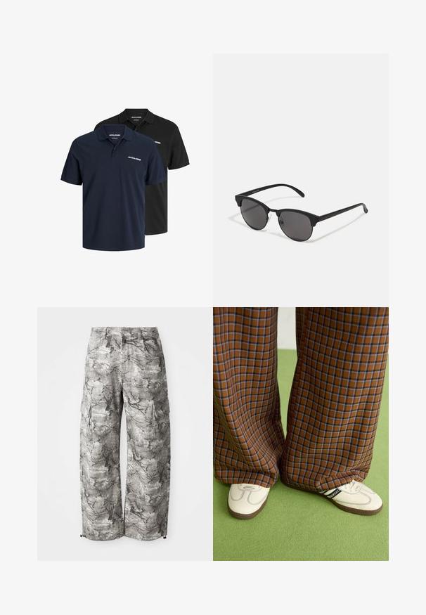 Two polo shirts: one navy with white logo and one black. Both feature a classic collar and short sleeves, made from lightweight fabric.; Cargo pants in a gray camouflage pattern, made from a textured fabric. Features include side pockets and an elasticated hem at the cuffs.; Brown and blue plaid wide-leg trousers paired with white shoes featuring black accents and textured soles, set against a green background.; Black sunglasses with round lenses, matte finish, and distinctive cat-eye shape. Slim arms with subtle branding on the left temple.