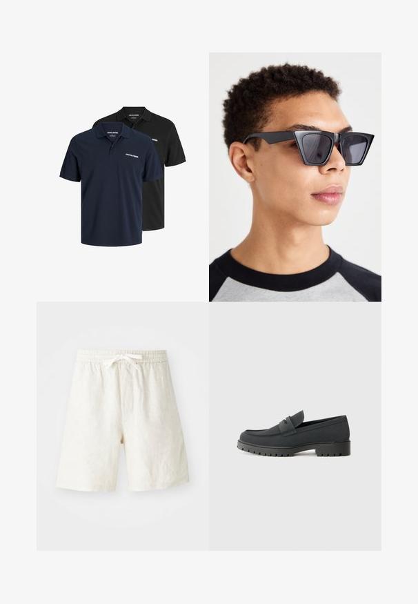 Dos camisetas polo: una azul marino con logo blanco y otra negra. Ambas cuentan con un cuello clásico y mangas cortas, hechas de un tejido ligero.; Pantalones cortos de lino en un beige claro con cintura elástica y cordón. Incluye bolsillos laterales y un corte relajado. Textura suave.; Zapato de loafer negro con un acabado mate y suave, que presenta una punta redondeada y una suela gruesa y texturizada. Destacado con una correa frontal.; Gafas de sol negras angulares con lentes oscuros, que presentan un diseño geométrico audaz y un acabado mate. Llevadas por una persona con cabello corto.