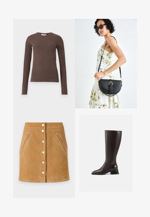 Brun långärmad ribbad t-shirt med rund halsringning och slim fit. Tillverkad av ett mjukt och stretchigt tyg för komfort.; Brun mockakjol med framsidan knappstängning, två sidofickor och silvernitar längs fickorna och fållen. Slät textur.; Knähöga bruna läderstövlar med en slät finish, rund tå och en staplad svart klack. Enkel design med minimala hårdvarudetaljer.; Svart läderhandväska med en böjd form, avtagbar rem och guldiga detaljer. Väskan har ett lock med en spänndetalj.