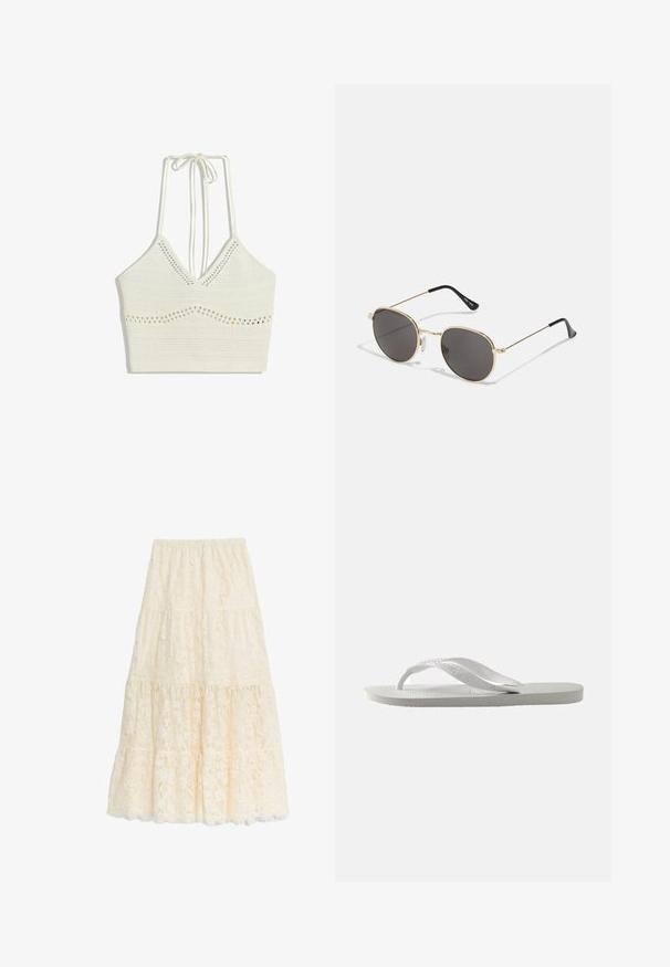Witte gehaakte crop top met een V-hals en verstelbare tie straps. Heeft horizontale strepen en kleine uitsnijdingen door het geheel.; Maxi rok van kant in zacht ivoor, met een gelaagd ontwerp, geschulpte zoom, elastische tailleband en een bloemdessin van kant over de hele rok.; Witte flip-flops met een gestructureerde zool en twee dunne banden. De banden zijn glad met subtiele branding. Geen patronen of extra accenten.; Ronde zonnebril met donkere lenzen, dunne gouden metalen rand, plastic tempeltips en verstelbare neuspads. Minimalistisch ontwerp met een klassiek uiterlijk.
