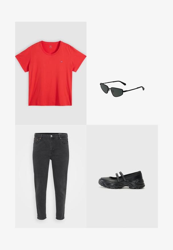 Tricou roșu din bumbac, cu guler rotund, mâneci scurte și un mic patch cu logo-ul Levi's pe partea stângă a pieptului. Textură netedă, croială lejeră.; Jeans negri din denim, cu tăiere slim-fit, cu închidere frontală cu button și fermoar, buzunare pentru curea și cinci buzunare, prezentate pe un fundal simplu deschis.; Pantofi mary jane din piele neagră, cu două curele ajustabile, vârful rotunjit și o talpă din cauciuc texturat pentru o aderență sporită.; Ochelari de soare negri din metal cu rame unghiulare și lentile întunecate. Au brațe subțiri și drepte și suporturi pentru nas pentru o potrivire sigură.