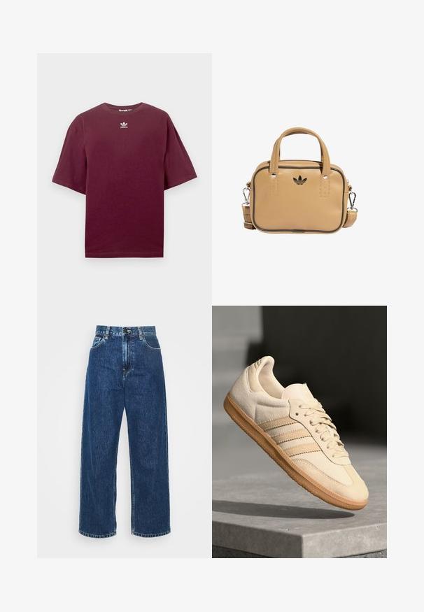 Burgunderfarget bomulls-T-skjorte med rund hals og korte ermer, med en hvit Adidas-logo sentrert på brystet. Jevn tekstur.; Lyseblå denim brede bukser med høy livhøyde, synlig søm og standard lommer. Har en knapp- og glidelås-lukking.; Lys beige suedette sneakers med gummisåle, tre diagonale striper og en teksturert tåhette. Har logo på tungen og siden.; Tan vegan lærveske med to håndtak, avtagbar skulderrem, svart kontrastsøm, og en liten svart logo på fronten.