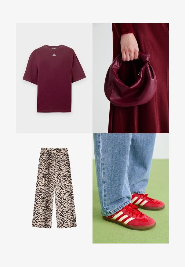 Tricou din bumbac burgund cu guler rotund și mâneci scurte, având un logo Adidas alb centrat pe piept. Textură netedă.; Pantaloni largi cu un model din piele de leopard, având un fundal bej deschis, cu pete negre și maronii, confecționați dintr-un material texturat.; Tenisi din suede roșu cu trei dungi albe, vârf rotund și talpă texturată, asortați cu blugi din denim albastru deschis pe un fundal verde.; Geantă de mână din piele burgundă, cu un design moale și pliat și o formă rotundă. Mânerele sunt securizate, evidențiind o textură netedă.