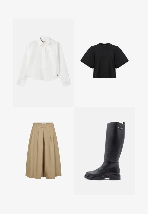 Baltas trumpas ilgos rankovės marškinėliai, pagaminti iš medvilnės. Turintys sagų priekį, krūtinės kišenę ir mažą juodą logotipą apačioje kairėje pusėje.; AllSaints JESS TEE - Palaidinė - black; Šviesiai ruda plisuota sijonas su plačiu kraštu ir prigludusia juosme. Pagamintas iš lengvo audinio, turi subtilią tekstūrą ir švarias linijas.; Aukštas juodas odinis batas su žemu blokiniu kulnu, vingiuotu padu ir maža stačiakampio formos etiketė šalia viršaus, ant kurios nurodyta prekės ženklas.