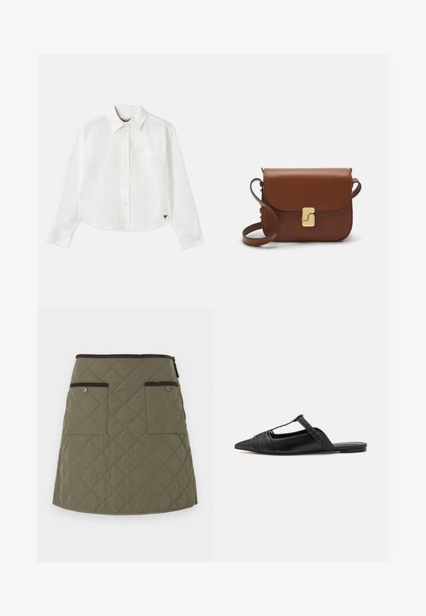 Fehér, rövidített hosszú ujjú, pamut ing. Gombos elülső résszel, mellzsebbel és egy kis fekete logóval a bal alsó részen.; Olíva zöld steppelt szoknya, a szegélye térd felett végződik. Két elülső zsebbel rendelkezik, sötétbarna díszítéssel, és cipzáros záródása van.; Fekete bőr slingback cipő hegyes orral, szőtt díszítéssel és redőzött felső dizájnnal. Lapos talp minimális hardverrel.; Barna bőr kézitáska, hajtókás zárással, arany színű fém kiegészítőkkel, vállpánttal és sima felülettel. Kompakt téglalap alakú.