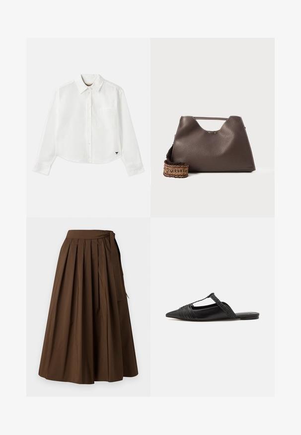 Chemise blanche à manches longues raccourcie en coton. Elle présente un devant à boutons, une poche sur la poitrine et un petit logo noir en bas à gauche.; Jupe plissée marron en tissu au toucher lisse, avec une taille haute et un détail de nouage sur le côté pour la fermeture.; Chaussure en cuir noir à talon ouvert avec un bout pointu, présentant un accent tressé et un design supérieur plissé. Semelle plate avec un matériel minimal.; Sac à main en cuir marron avec une finition texturée, un design angulaire et une poignée supérieure distinctive. Présente un détail de sangle tissée à motif.