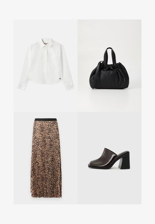 Weißes, kurzes Langarmhemd aus Baumwolle. Verfügt über eine durchgehende Knopfleiste, eine Brusttasche und ein kleines schwarzes Logo unten links.; Faltenrock in Maxilänge in Beige mit einem schwarzen Leopardenmuster. Verfügt über einen schwarzen Taillenbund, eine weiche Textur und ein fließendes Design.; Dunkelburgunderfarbene Leder-Mules mit quadratischer Spitze, glänzender Oberfläche und einem klobigen, strukturierten schwarzen Blockabsatz. Schlichtes Design, zum Hineinschlüpfen.; Schwarze Lederhandtasche mit einem gerafften Oberteil, ausgestattet mit zwei kurzen Griffen und einem langen verstellbaren Schulterriemen. Glatte Textur, runde Form.