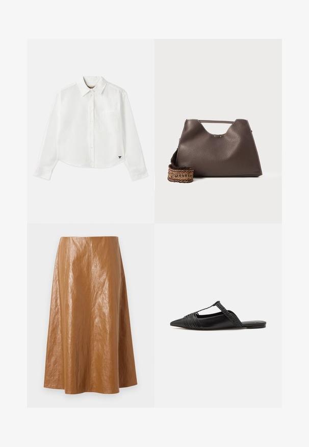 Bela skrajšana srajca z dolgimi rokavi iz bombaža. Ima sprednje gumbke, žep na prsih in majhen črn logo na spodnjem levem delu.; Rjava usnjena midijskirt s gladko, sijočo teksturo, ki ima vertikalne šive in razširjen dizajn, ki se konča malo pod kolenom.; Črne usnjene sandale s priponko, koničastim nosom in tkano dekoracijo ter gubanjem na zgornjem delu. Ravna podplata z minimalno opremo.; Rjava usnjena torba z teksturirano površino, angularno obliko in značilno zgornjo ročico. Vsebuje detajl z vzorčnim tkanim trakom.