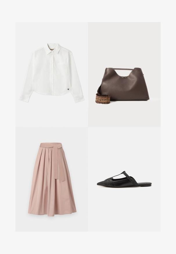 Chemise blanche à manches longues raccourcie en coton. Elle présente un devant à boutons, une poche sur la poitrine et un petit logo noir en bas à gauche.; Jupe midi rose en tissu structuré, présentant des plis, une ceinture nouée à la taille et une silhouette en A. Texture lisse sans motifs visibles.; Chaussure en cuir noir à talon ouvert avec un bout pointu, présentant un accent tressé et un design supérieur plissé. Semelle plate avec un matériel minimal.; Sac à main en cuir marron avec une finition texturée, un design angulaire et une poignée supérieure distinctive. Présente un détail de sangle tissée à motif.