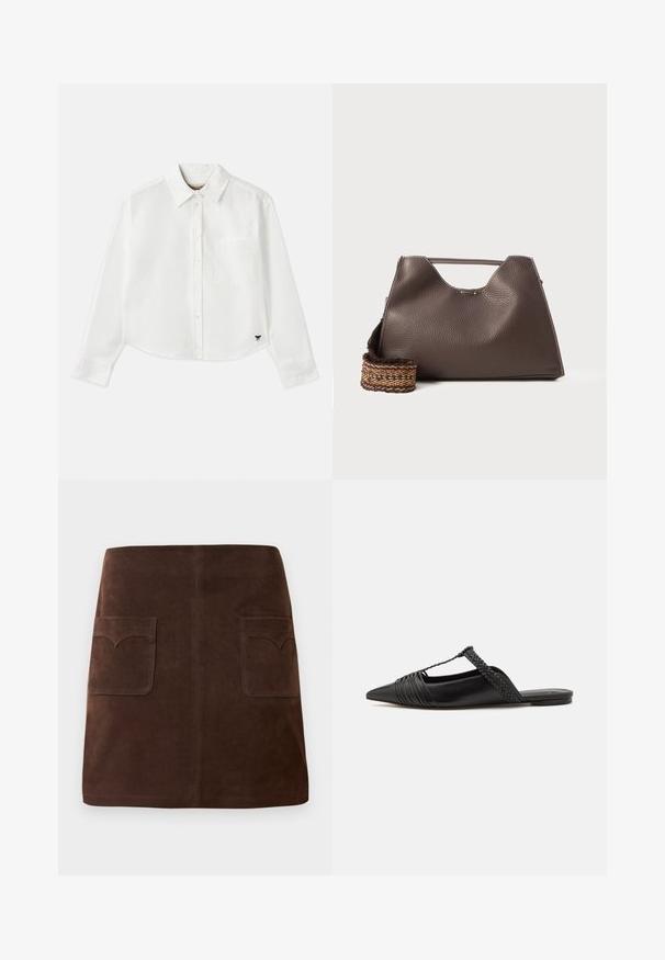 White cropped long-sleeve shirt made of cotton. Features a button-up front, a chest pocket, and a small black logo on the bottom left.; Brown suede skirt featuring a classic A-line shape, two front pockets with rounded flaps, and subtle stitching details.; Black leather slingback shoe with a pointed toe, featuring a woven accent and pleated upper design. Flat sole with minimal hardware.; Brown leather handbag with a textured finish, angular design, and a distinctive top handle. Features a patterned woven strap detail.