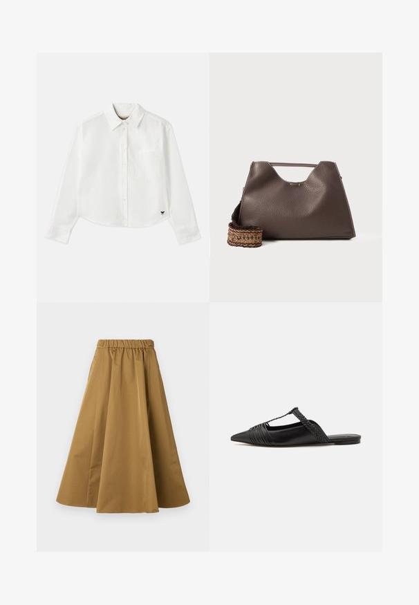 Bílá zkrácená košile s dlouhým rukávem vyrobená z bavlny. Má zapínání na knoflíky vpředu, náprsní kapsu a malé černé logo na dolním levém rohu.; Hnědá sukně ke kotníkům vyrobená z hladké bavlny, s elastickým pasem pro pohodlí a jemnými sklady pro objem.; Černé kožené slingback boty se špičatou špičkou, s tkaným akcentem a plisovaným designem svršku. Plochá podešev s minimálním kovovým zapínáním.; Hnědá kožená kabelka s texturovaným povrchem, ostrým designem a výraznou horní rukojetí. Obsahuje detail tkaného popruhu se vzorem.