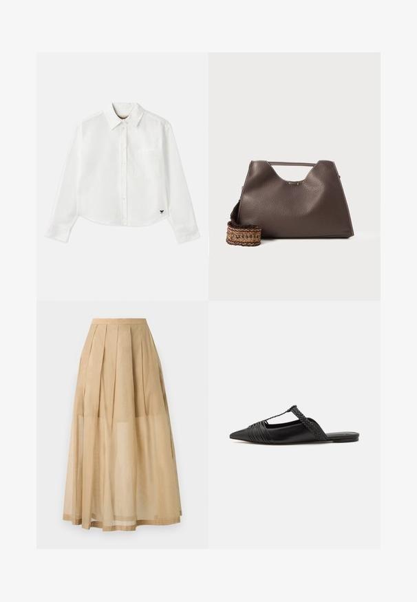 Cămașă albă cropped cu mânecă lungă din bumbac. Prezentă un închizător cu nasturi în față, un buzunar pe piept și un mic logo negru în partea stângă jos.; Fustă midi bej cu pliseuri, realizată dintr-un material ușor. Overlay transparent cu tiv solid, oferind o siluetă fluidă.; Pantofii din piele neagră cu curea la spate au vârful ascuțit, prezentând un accent țesut și un design superior pliat. Talpa joasă cu hardware minim.; Geantă de mână din piele maro cu un finisaj texturat, design unghiular și un mâner de sus distinctiv. Prezintă o detaliere a curelei împletite cu un model.