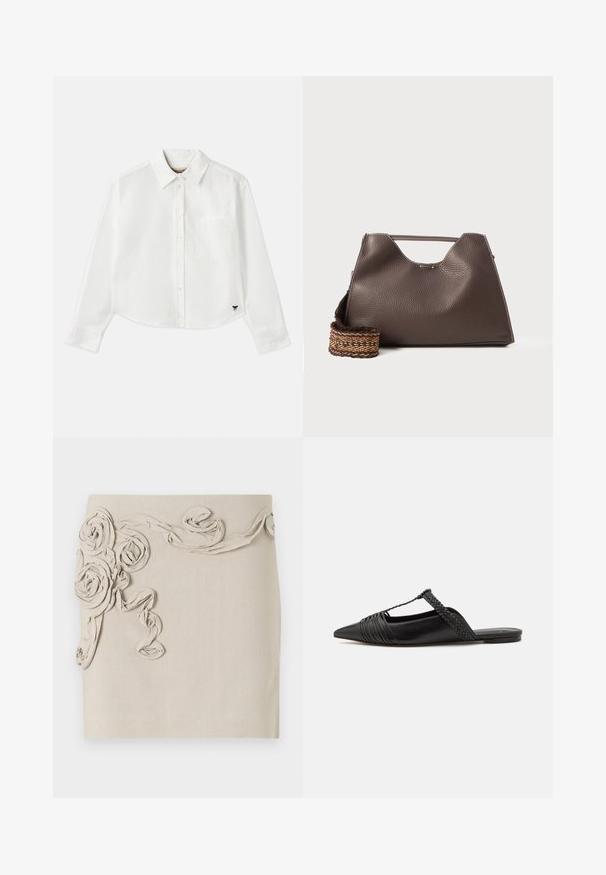 Fehér, rövidített hosszú ujjú, pamut ing. Gombos elülső résszel, mellzsebbel és egy kis fekete logóval a bal alsó részen.; Ivadó len szoknya, texturált, szövet rózsa applikációkkal és tekeredő szalagos részletekkel a dimenzionális hatás érdekében. Sima felület.; Fekete bőr slingback cipő hegyes orral, szőtt díszítéssel és redőzött felső dizájnnal. Lapos talp minimális hardverrel.; Barna bőr kézi táska texturált felülettel, szögletes dizájnnal és jellegzetes felső fogantyúval. Mintás szőtt vállpánttal rendelkezik.