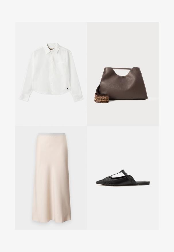 Camisa blanca de manga larga recortada hecha de algodón. Presenta un cierre frontal con botones, un bolsillo en el pecho y un pequeño logo negro en la parte inferior izquierda.; Falda midi de un beige pálido con un acabado suave y satinado y una cinturilla elástica en gris claro. Diseño acampanado que se estrecha hacia el dobladillo.; Zapato de piel negra tipo slingback con punta afilada, que presenta un detalle trenzado y un diseño superior plisado. Suela plana con hardware mínimo.; Bolso de mano de piel marrón con un acabado texturizado, diseño angular y un asa superior distintiva. Presenta un detalle de correa tejida con un patrón.