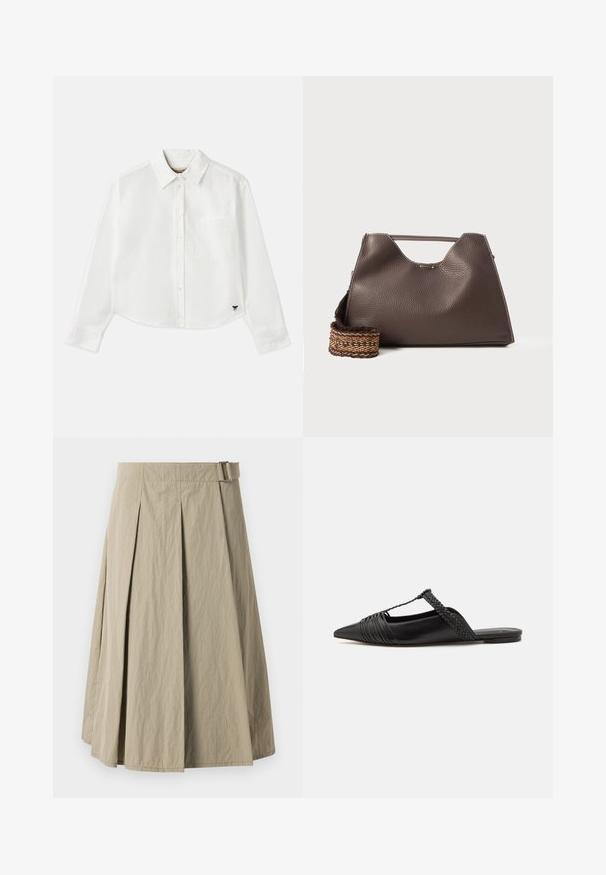 Camicia bianca a maniche lunghe e taglio corto in cotone. Presenta una chiusura con bottoni sul davanti, una tasca sul petto e un piccolo logo nero in basso a sinistra.; Gonna plissettata beige con una texture liscia, dotata di passanti per cintura e dalla forma a trapezio, progettata con un taglio al ginocchio.; Scarpa slingback in pelle nera con punta appuntita, con un dettaglio intrecciato e un design superiore plissettato. Suola piatta con hardware minimale.; Borsa a mano in pelle marrone con finitura texturizzata, design angolare e un manico superiore distintivo. Presenta un dettaglio a tracolla intrecciato con motivo.