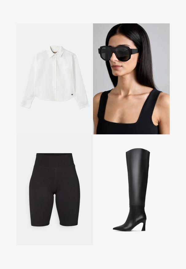 Bijela skraćena košulja dugih rukava napravljena od pamuka. Ima gumb za zatvaranje sprijeda, džep na prsima i mali crni logotip na donjem lijevom dijelu.; Crne biciklističke kratke hlače od rastezljivog materijala. Visok struk, glatka tekstura, do koljena s šavovima sprijeda i straga za dodatnu čvrstoću.; Crne kožne čizme do koljena s oštrim vrhom, ravnim okvirom i suženim visokim potplatom. Glatka tekstura s minimalnim detaljima.; Prevelike crne sunčane naočale s debelim okvirom, uglatim dizajnom i tamnim gradijentnim staklima; nosi se s crnim topom bez rukava.