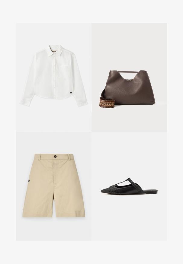Camicia bianca a maniche lunghe e taglio corto in cotone. Presenta una chiusura con bottoni sul davanti, una tasca sul petto e un piccolo logo nero in basso a sinistra.; Pantaloni bermuda in cotone beige con vestibilità normale, chiusura con bottone, tasche laterali e dettagli di cucitura discreti. Tessuto morbido e design fino al ginocchio.; Scarpa slingback in pelle nera con punta appuntita, con un dettaglio intrecciato e un design superiore plissettato. Suola piatta con hardware minimale.; Borsa a mano in pelle marrone con finitura texturizzata, design angolare e un manico superiore distintivo. Presenta un dettaglio a tracolla intrecciato con motivo.
