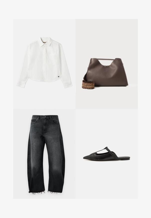Biały, krótki, długi rękaw koszuli wykonanej z bawełny. Posiada zapięcie na guziki z przodu, kieszeń na piersi oraz małe czarne logo w lewym dolnym rogu.; Czarne dżinsy o szerokim kroju, z postrzępionym dołem, pięcioma kieszeniami i delikatnym efektem blaknięcia; wykonane z wytrzymałego materiału bawełnianego.; Czarny skórzany but na odkrytej pięcie z pointed toe, ozdobiony plecionym akcentem i plisowanym wzorem górnej części. Płaska podeszwa z minimalnymi elementami.; Brązowa skórzana torebka niezbyt miękka w dotyku, o kanciastym kształcie i charakterystycznym górnym uchwycie. Posiada wzorzystą wplecioną taśmę.