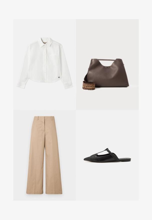 Vit kortärmad skjorta med lång ärm i bomull. Har en knapp-up framsida, en bröstficka och en liten svart logotyp längst ner till vänster.; Beige vida byxor med en mjuk bomullstyg, som har en skräddarsydd midja och slät front, designade för en avslappnad passform och rena linjer.; Svart läderslingback-sko med spetsig tå, med en vävd detalj och plisserad överdel. Platt sula med minimal hårdvara.; Brun läderhandväska med strukturerad finish, vinkelartad design och en distinkt topphandtag. Har ett mönstrat vävt remmdetalj.