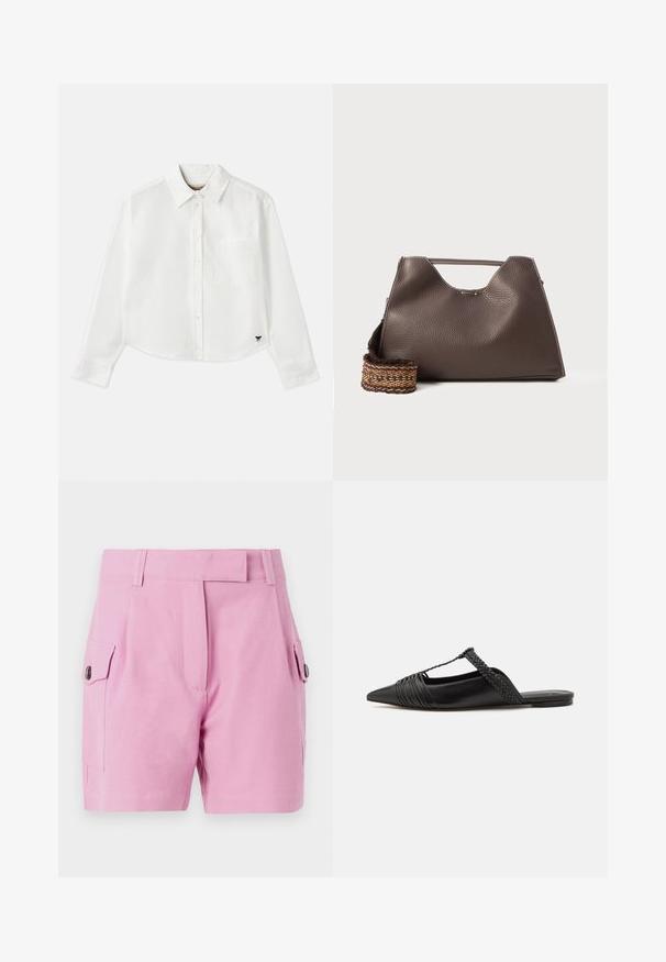 Valkoinen lyhytcroppinen pitkähihainen paita, joka on valmistettu puuvillasta. Siinä on nappisuljenta edessä, rintatasku ja pieni musta logo vasemmassa alakulmassa.; Vaaleanpunaiset shortsit, joissa on räätälöity muotoilu, tasainen etuosa, sivutaskut nappisuljennalla ja sileä kankaan rakenne.; Musta nahkasandaali, jossa on terävä kärki, somistettuna kudotulla yksityiskohdalla ja pleatatuilla yläosilla. Litteä pohja, jossa on vähäisiä tarvikkeita.; Ruskea nahkalaukku, jossa on teksturoitu pinta, kulmikas muotoilu ja erottuva yläkahva. Sisältää kuvioidun kudotun hihnan yksityiskohtia.