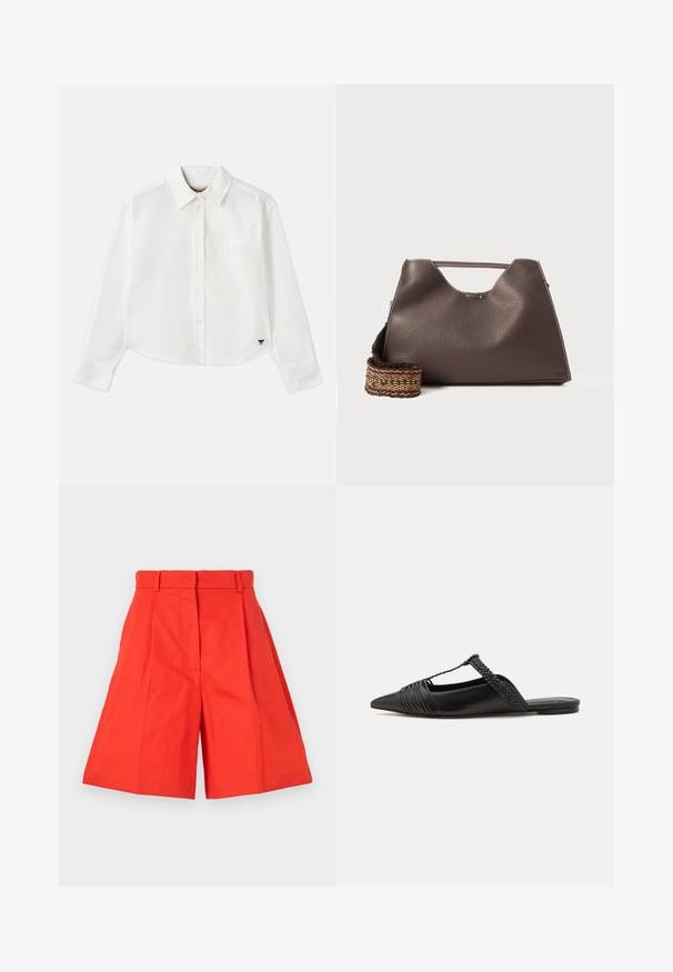 White cropped long-sleeve shirt made of cotton. Features a button-up front, a chest pocket, and a small black logo on the bottom left.; Red cotton shorts with a high waist, featuring pleats and a wide-cut silhouette. Smooth texture and clean lines. No pockets or embellishments.; Black leather slingback shoe with a pointed toe, featuring a woven accent and pleated upper design. Flat sole with minimal hardware.; Brown leather handbag with a textured finish, angular design, and a distinctive top handle. Features a patterned woven strap detail.