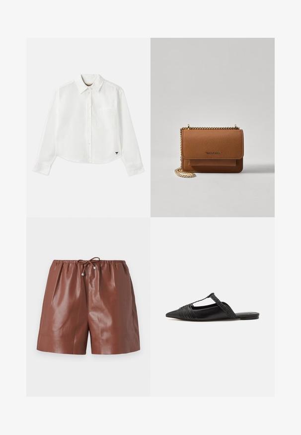 Bela skrajšana srajca z dolgimi rokavi iz bombaža. Ima sprednje gumbke, žep na prsih in majhen črn logo na spodnjem levem delu.; Bordeaux usnjene kratke hlače z sijajno površino, z elastičnim pasom in nastavljivim trakom z kovinskimi detajli. Gladka tekstura in oblikovan dizajn.; Črne usnjene sandale s priponko, koničastim nosom in tkano dekoracijo ter gubanjem na zgornjem delu. Ravna podplata z minimalno opremo.; Rjava teksturirana usnjena torba čez ramo z zlatim verižnim trakom in zapiranjem na pokrov. Spredaj je vidna podrobnost logotipa in žep pod pokrovom.