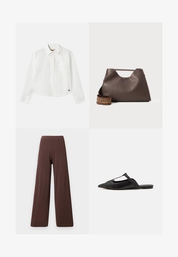 White cropped long-sleeve shirt made of cotton. Features a button-up front, a chest pocket, and a small black logo on the bottom left.; Wide-leg pants in dark brown ribbed fabric, featuring a high waistband and flowing silhouette, emphasizing texture and volume.; Black leather slingback shoe with a pointed toe, featuring a woven accent and pleated upper design. Flat sole with minimal hardware.; Brown leather handbag with a textured finish, angular design, and a distinctive top handle. Features a patterned woven strap detail.