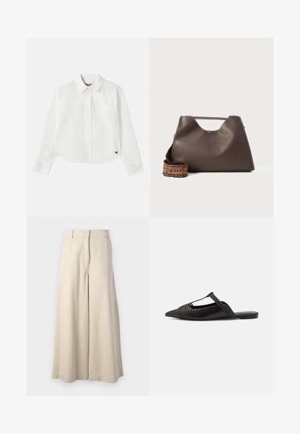 Bijela skraćena košulja dugih rukava napravljena od pamuka. Ima gumb za zatvaranje sprijeda, džep na prsima i mali crni logotip na donjem lijevom dijelu.; Bež hlače širokih nogavica s kopčanjem na gumb i prednjim džepovima. Izrađene od mekog pamuka, s krojenim strukom i urednim završnim detaljima.; Crne kožne cipele s remenom oko pete i šiljastim vrhom, s pletenim naglaskom i nabranim gornjim dijelom. Ravni đon s minimalnim hardverom.; Smeđa kožna torba s teksturiranom površinom, kutnim dizajnom i prepoznatljivom gornjom ručkom. Ima detalj sa pletenim uzorkom na remenu.