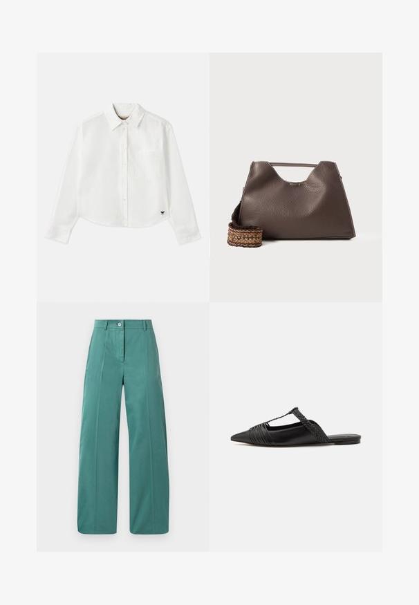 Valge lühikesed varrukad puuvillane särk. Omab nööbiga esist, rinna taskut ning väikest musta logo all vasakul.; Laiad püksid pehmest teal värvi kangast, millel on esine nupule закрытие, teravad kortsud ja sile tekstiil. Üksikasjalik disain minimaalsete aktsentidega.; Must kuulsad nahast kandadega kingad, millel on terav nina, koos kootud detaili ja volditud ülaosaga. Lame tald minimaalse riistvaraga.; Pruun nahkne käekott tekstureeritud viimistlusega, nurkadega disain ja silmapaistev ülemine sang. Omab mustriga kootud rihma detaili.