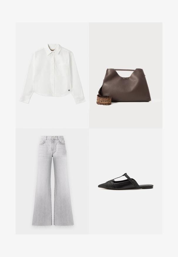 Chemise blanche à manches longues raccourcie en coton. Elle présente un devant à boutons, une poche sur la poitrine et un petit logo noir en bas à gauche.; Jean large gris en denim délavé, avec une taille haute, cinq poches et des ourlets bruts. Le tissu a une texture douce et des variations de lavage subtiles.; Chaussure en cuir noir à talon ouvert avec un bout pointu, présentant un accent tressé et un design supérieur plissé. Semelle plate avec un matériel minimal.; Sac à main en cuir marron avec une finition texturée, un design angulaire et une poignée supérieure distinctive. Présente un détail de sangle tissée à motif.