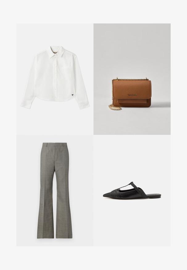 Chemise blanche à manches longues raccourcie en coton. Elle présente un devant à boutons, une poche sur la poitrine et un petit logo noir en bas à gauche.; Pantalons gris évasés en tissu texturé, avec une coupe ajustée, un motif à carreaux subtil et des plis avant pour une apparence raffinée.; Chaussure en cuir noir à talon ouvert avec un bout pointu, présentant un accent tressé et un design supérieur plissé. Semelle plate avec un matériel minimal.; Sac en cuir texturé marron en bandoulière avec une sangle en chaîne dorée et une fermeture à rabat. L'avant présente un détail de logo et une poche sous le rabat.