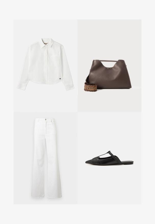 Balta, īsa garuma piedurkņu krekls, kas izgatavots no kokvilnas. Tam ir pogājama priekšpuse, krūšu kabata un mazs melns logo apakšējā kreisajā stūrī.; Baltas, plati diega džinsi ar augstu jostas vietu, ar pogu un rāvējspaidu, diviem priekšējiem kabatām un tīru, viendabīgu tekstūru.; Melnas ādas slingback kurpes ar norādītu purngali, kurām ir austoša akcenta un krokota augšdaļa. Plakana zole ar minimālu aparatūru.; Brūna ādas rokassoma ar strukturētu apdari, leņķīgu dizainu un izteiksmīgu augšējo rokturi. Iespējamā rakstaina austā siksna.