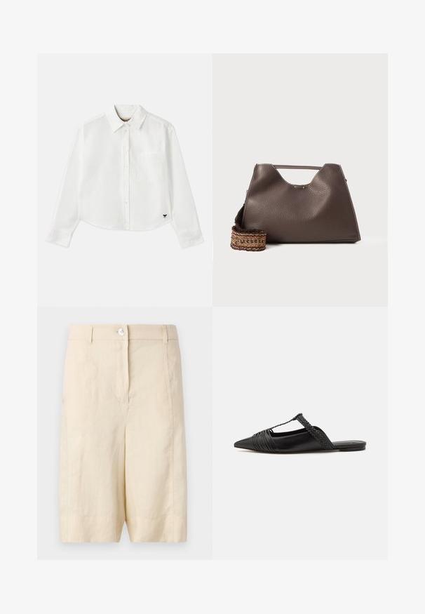Bílá zkrácená košile s dlouhým rukávem vyrobená z bavlny. Má zapínání na knoflíky vpředu, náprsní kapsu a malé černé logo na dolním levém rohu.; Béžové lněné šortky s hladkou texturou, s předním zapínáním na knoflík, upraveným střihem a rovnýma nohavicema na lemu.; Černé kožené slingback boty se špičatou špičkou, s tkaným akcentem a plisovaným designem svršku. Plochá podešev s minimálním kovovým zapínáním.; Hnědá kožená kabelka s texturovaným povrchem, ostrým designem a výraznou horní rukojetí. Obsahuje detail tkaného popruhu se vzorem.