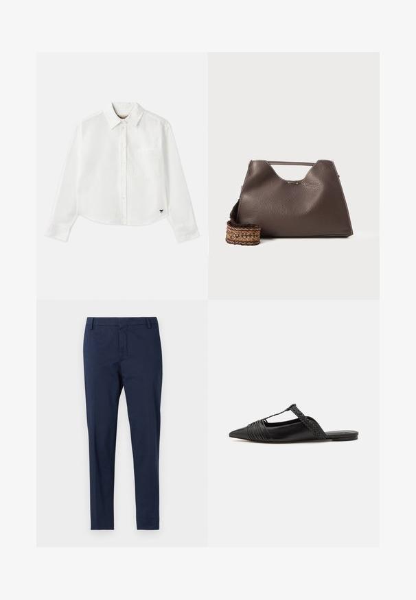Witte, cropped, langemouwen shirt van katoen. Heeft een knoopsluiting aan de voorkant, een borstzak en een klein zwart logo op de linksonder.; Marineblauwe op maat gemaakte broeken met een rechte snit. Kenmerken zijn een vlakke voorkant zonder zichtbare zakken en een gladde textuur.; Zwarte leren slingback schoen met een puntige neus, voorzien van een gevlochten accent en geplooid ontwerp aan de bovenkant. Platte zool met minimale hardware.; Bruine leren handtas met een gestructureerde afwerking, hoekig ontwerp en een kenmerkende bovenhandgreep. Beschikt over een gestreepte geweven riemdetail.