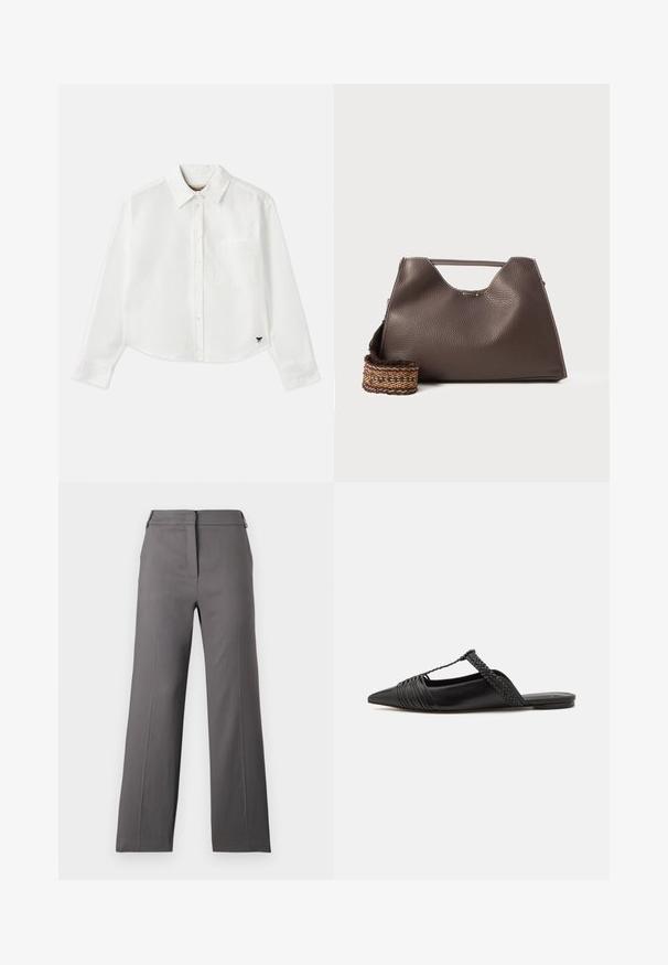 Hvid cropped langærmet skjorte lavet af bomuld. Har en knaplukning foran, en brystlomme og et lille sort logo nederst til venstre.; Grå bukser med bred ben, fremstillet i et glat materiale, med flad front, lynlås lukning og minimal udsmykning. Skræddersyet til en afslappet pasform.; Sort læderslyngeback sko med spids tå, der har en vævet detalje og en plisseret overdel. Flad sål med minimal hardware.; Brun læder skuldertaske med en tekstureret overflade, vinkelret design og et karakteristisk topgreb. Har et mønstret vævet stropdetalje.
