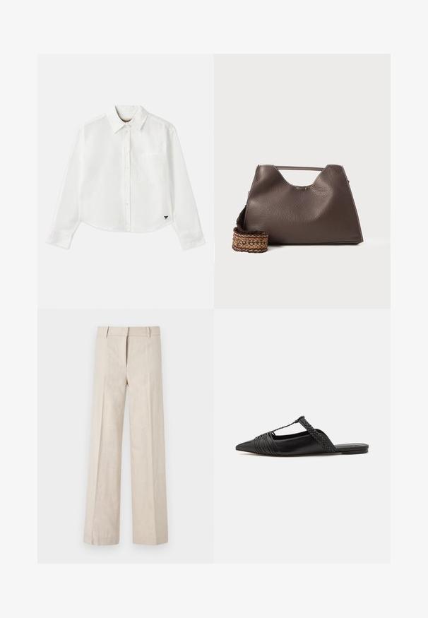 Witte, cropped, langemouwen shirt van katoen. Heeft een knoopsluiting aan de voorkant, een borstzak en een klein zwart logo op de linksonder.; Beige wijde broek van lichtgewicht stof, met een gladde textuur en nette voorplooien. De tailleband is zorgvuldig afgestemd met riemlussen.; Zwarte leren slingback schoen met een puntige neus, voorzien van een gevlochten accent en geplooid ontwerp aan de bovenkant. Platte zool met minimale hardware.; Bruine leren handtas met een gestructureerde afwerking, hoekig ontwerp en een kenmerkende bovenhandgreep. Beschikt over een gestreepte geweven riemdetail.