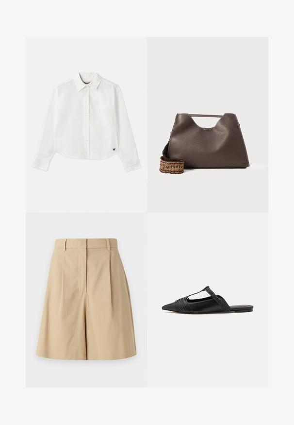 Fehér, rövidített hosszú ujjú, pamut ing. Gombos elülső résszel, mellzsebbel és egy kis fekete logóval a bal alsó részen.; Beige, redőzött, magas derekú sort, sima textúrával és látható zárak nélkül, a tiszta sziluett érdekében tervezve.; Fekete bőr slingback cipő hegyes orral, szőtt díszítéssel és redőzött felső dizájnnal. Lapos talp minimális hardverrel.; Barna bőr kézi táska texturált felülettel, szögletes dizájnnal és jellegzetes felső fogantyúval. Mintás szőtt vállpánttal rendelkezik.
