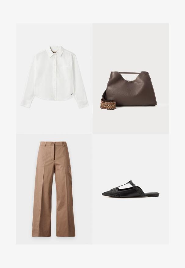 White cropped long-sleeve shirt made of cotton. Features a button-up front, a chest pocket, and a small black logo on the bottom left.; Brown wide-leg trousers made from a smooth fabric, featuring a front button closure, two front pockets, and clean, tailored lines.; Black leather slingback shoe with a pointed toe, featuring a woven accent and pleated upper design. Flat sole with minimal hardware.; Brown leather handbag with a textured finish, angular design, and a distinctive top handle. Features a patterned woven strap detail.