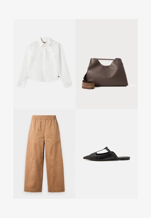 Fehér, rövidített hosszú ujjú, pamut ing. Gombos elülső résszel, mellzsebbel és egy kis fekete logóval a bal alsó részen.; WEEKEND MaxMara MILVA - Nadrágok - earth; Fekete bőr slingback cipő hegyes orral, szőtt díszítéssel és redőzött felső dizájnnal. Lapos talp minimális hardverrel.; Barna bőr kézi táska texturált felülettel, szögletes dizájnnal és jellegzetes felső fogantyúval. Mintás szőtt vállpánttal rendelkezik.