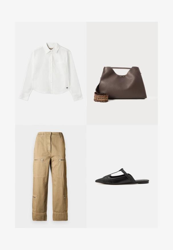 Fehér, rövidített hosszú ujjú, pamut ing. Gombos elülső résszel, mellzsebbel és egy kis fekete logóval a bal alsó részen.; Pamutból készült, világos khaki színű cargo nadrág, amely több zsebet, cipzárt és laza szabást kínál, illetve cuffolt szárakkal rendelkezik.; Fekete bőr slingback cipő hegyes orral, szőtt díszítéssel és redőzött felső dizájnnal. Lapos talp minimális hardverrel.; Barna bőr kézi táska texturált felülettel, szögletes dizájnnal és jellegzetes felső fogantyúval. Mintás szőtt vállpánttal rendelkezik.