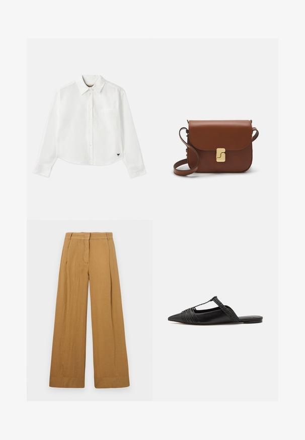 Hvid cropped langærmet skjorte lavet af bomuld. Har en knaplukning foran, en brystlomme og et lille sort logo nederst til venstre.; Bredde bukser i en lys brun, linned-lignende stof, med flad front, bæltestropper og subtil vertikal struktur.; Sort læderslyngeback sko med spids tå, der har en vævet detalje og en plisseret overdel. Flad sål med minimal hardware.; Brun læder håndtaske med flaplukning, hardware i gyldent tone, en skulderrem og en glat overflade. Kompakt rektangulær form.
