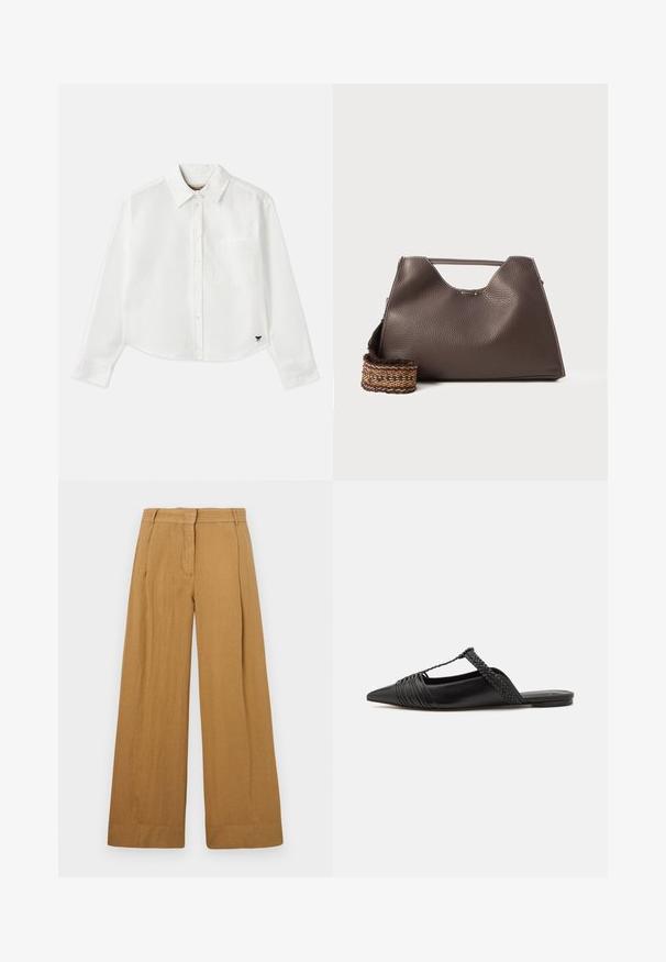 Baltas trumpas ilgos rankovės marškinėliai, pagaminti iš medvilnės. Turintys sagų priekį, krūtinės kišenę ir mažą juodą logotipą apačioje kairėje pusėje.; Plati kojinės šviesiai rudos, lininio tipo audinio, su plokščiu priekiu, diržo kilpos ir subtiliu vertikaliu tekstūru.; Juodos odinės slingback bateliai su smailiu pirštu, turintys audinį akcentą ir raukšlėtą viršutinį dizainą. Lygus padas su minimaliais aksesuarais.; Ruda odinė rankinė su tekstūruotu paviršiumi, kampuota forma ir išskirtiniu viršutiniu rankena. Yra raštuota pintinė diržo detalė.