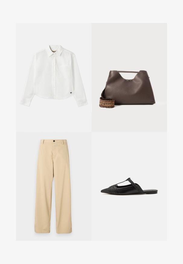 Witte, cropped, langemouwen shirt van katoen. Heeft een knoopsluiting aan de voorkant, een borstzak en een klein zwart logo op de linksonder.; Beige katoenen broek met een recht model, voorzien van een ritssluiting aan de voorkant, een enkele zwarte knop en twee zijzakken.; Zwarte leren slingback schoen met een puntige neus, voorzien van een gevlochten accent en geplooid ontwerp aan de bovenkant. Platte zool met minimale hardware.; Bruine leren handtas met een gestructureerde afwerking, hoekig ontwerp en een kenmerkende bovenhandgreep. Beschikt over een gestreepte geweven riemdetail.