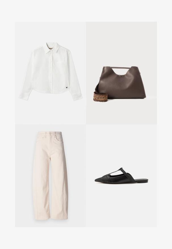 Balta, īsa garuma piedurkņu krekls, kas izgatavots no kokvilnas. Tam ir pogājama priekšpuse, krūšu kabata un mazs melns logo apakšējā kreisajā stūrī.; Mother THE HALF PIPE ANKLE - Džinsi ar platām starām - off-white; Melnas ādas slingback kurpes ar norādītu purngali, kurām ir austoša akcenta un krokota augšdaļa. Plakana zole ar minimālu aparatūru.; Brūna ādas rokassoma ar strukturētu apdari, leņķīgu dizainu un izteiksmīgu augšējo rokturi. Iespējamā rakstaina austā siksna.