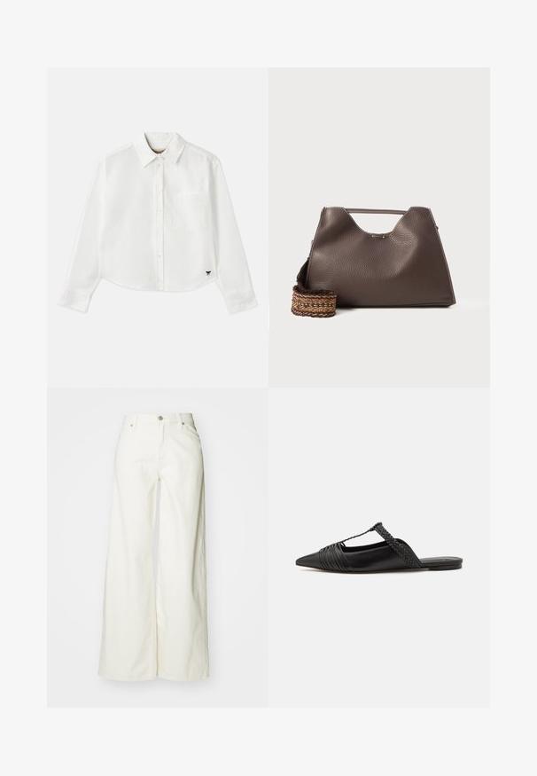 Bela skrajšana srajca z dolgimi rokavi iz bombaža. Ima sprednje gumbke, žep na prsih in majhen črn logo na spodnjem levem delu.; Široke bele kavbojke iz denima. Imajo visok pas, sprednje zapiranje na gumb in klasičen pet-pocket dizajn. Gladka tekstura, brez vzorcev.; Črne usnjene sandale s priponko, koničastim nosom in tkano dekoracijo ter gubanjem na zgornjem delu. Ravna podplata z minimalno opremo.; Rjava usnjena torba z teksturirano površino, angularno obliko in značilno zgornjo ročico. Vsebuje detajl z vzorčnim tkanim trakom.