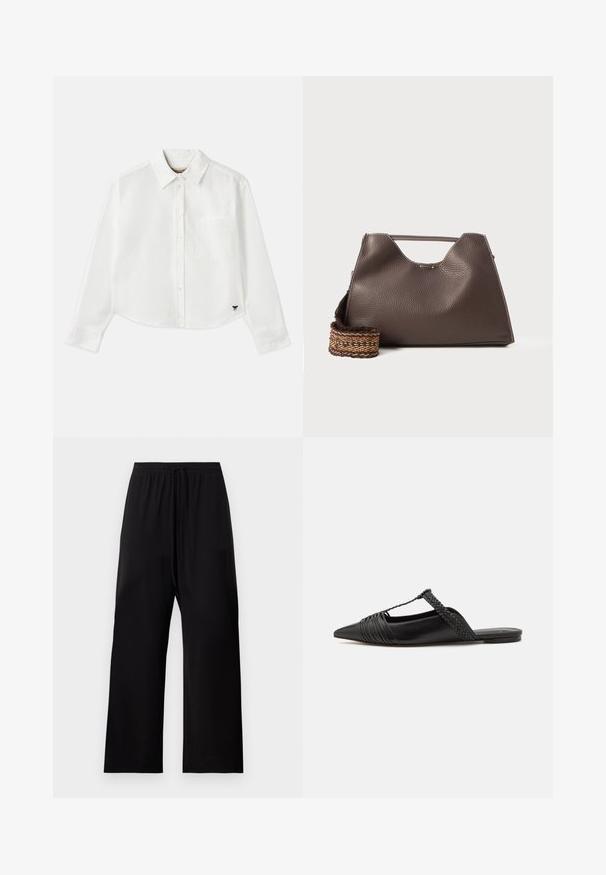 Cămașă albă cropped cu mânecă lungă din bumbac. Prezentă un închizător cu nasturi în față, un buzunar pe piept și un mic logo negru în partea stângă jos.; Pantaloni negri cu picioare largi, confecționați dintr-un material moale, având o talie elastică cu șnur. Textură netedă, fără modele distincte.; Pantofii din piele neagră cu curea la spate au vârful ascuțit, prezentând un accent țesut și un design superior pliat. Talpa joasă cu hardware minim.; Geantă de mână din piele maro cu un finisaj texturat, design unghiular și un mâner de sus distinctiv. Prezintă o detaliere a curelei împletite cu un model.